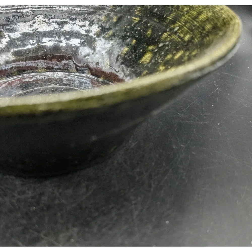 Vintage Studio Pottery Bowl Signed Bo 5/97 Black Green Raku Glazed Ceramic 9